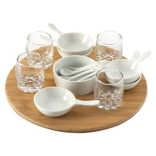 Secret de gourmet - Set Apéritif 14 pièces : 1 Plateau Rotatif en Bambou, 4 Verrines, 5 Coupelles et 4 Cuillères