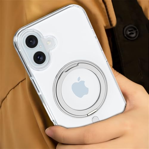 Image of eller sante Shiny Kickmag Back Cover Case for iPhone 16 Plus with Magnetic Ring Metal Kickstand Camera Screen Protector TPU Shockproof 10ft Drop Protection Compatible with Mag-Safe- Transparent