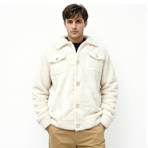 Image of GINGTTO Mens Furry Button-Up Jacket 4 Pockets Fluffy Coat For Men