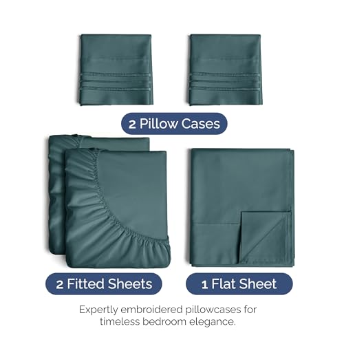 Image of Split King Size 5 Piece Sheet Set - Ultra Soft & Cooling Sheets - Deep Teal | Fits 8 Inch to 16 inch Mattress, Wrinkle Free & Fade Resistant with Deep Pockets, Breathable, Comfy Hotel Luxury Bedding
