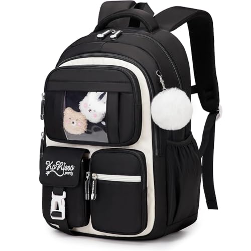 Image of MATMO Multi-Pocket Girls Boys School Backpack Kids Student Bookbag Travel Daypack (Black with White)
