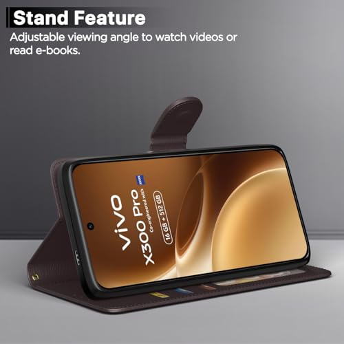 Image of Amazon Basics Flip Cover for Vivo X300 Pro 5G Leather Finish | Wallet Stand and Shock Proof | Inside TPU with Card Pockets | Complete Protection Flip Case (Coffee)