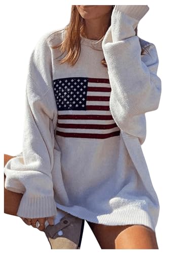 Image of GORGLITTER Women's American Flag Sweaters 2026 4th of July Outfits Fall Oversized Long Sleeve Knit Pullover Tops