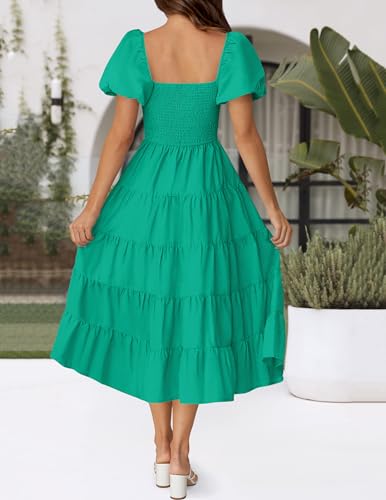 Image of ZESICA Women's 2026 Summer Puff Sleeve Midi Dress 2026 Boho Solid High Waist Flowy Beach Wedding Guest Long Dresses