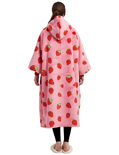 Image of KFUBUO Wearable Blanket Hoodie for Adults With Pocket Strawberry Extra Long | Sherpa, Fuzzy Blanket Hoodie, Oversized Sweatshirt Blanket, Kangaroo Pouch, Cute Birthday Gifts for Women, Cute Stuff