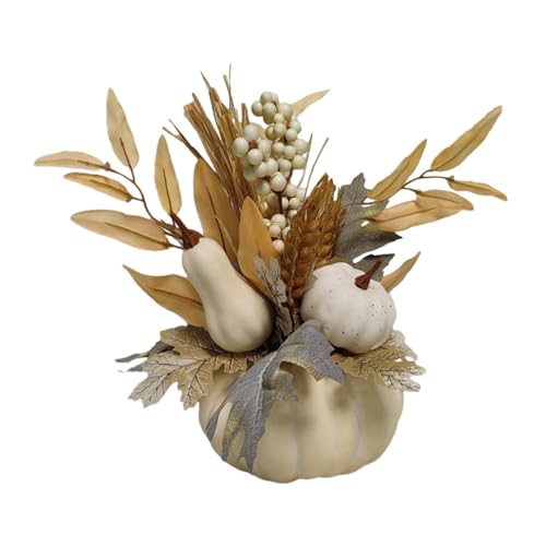 Gralara Decoración de Halloween, decoración de fiesta, centros de mesa, adorno de otoño, calabaza artificial con flores para manualidades, estante, Blanco