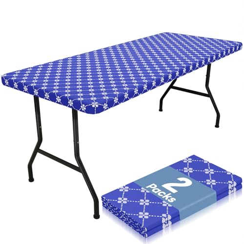 misaya 2 Pack Rectangle Vinyl Table Cloth, Elastic Fitted Tablecloth with Flannel Backing, Waterproof Plastic Table Cover Fits 8 Foot Folding Tables for Picnic, Camping and Outdoor (Blue, 30" x 96")