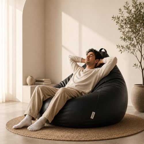 Image of Mollismoons Premium 300 GSM Stretchable Faux Leather Bean Bag Cover Only (Without Beans),Bean Bag Chair for Adults & Kids, Gaming, Study, WFH, Indoor Outdoor,45x24Inch (Midnight Black)