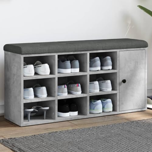 Cartvyn Zapatero de madera gris hormigón, 102 x 32 x 50 cm, acolchado con espacio de almacenamiento, banco para pasillo, pasillo, dormitorio, almacenamiento para zapatos