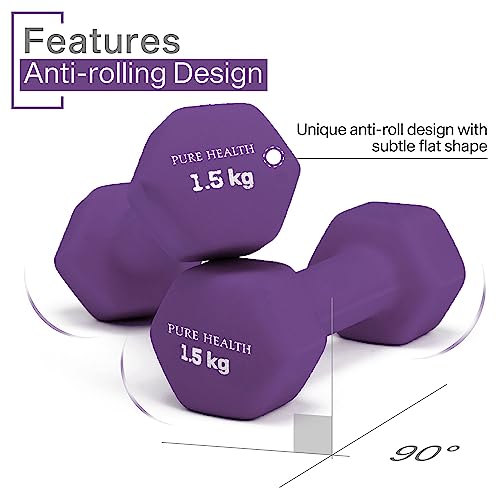 Neoprene Dumbbell Hand Weights Pair Home Exercise for Women Men Arm Pilates Dumbbells in 1kg 1.5kg 2kg 3kg 4kg 5kg 8kg 10kg Set (Purple (1.5KG, Pair)) - Image 2