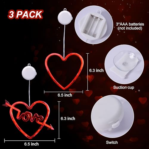 LYUBASA 3 Pack Valentines Day Window Lights Decorations with Timer, Battery Powered Hanging Red Lighted Heart Shaped Silhouette Sucker LED Lamp for Fireplace Indoor Home Decor by LYUBASA - Image 2