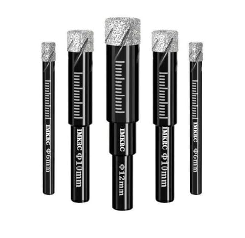 IMKRC Silicone Carbide Drill Bits Set with Round Shank, Essential Tools for Porcelain and Ceramic Tiles, Glass Drill Bits Come in 6mm, 8mm,10mm,12mm Sizes (Pack of 5)