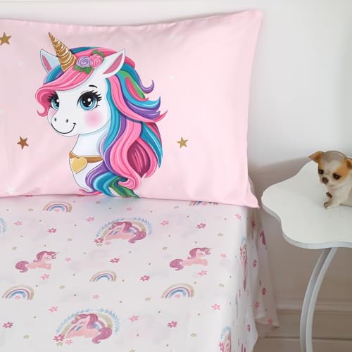 Image of 4 Piece Toddler Bedding Set - Ultra Soft Breathable Toddler Bedding Set for Girls, Includes Quilted Comforter, Flat Sheet, Fitted Sheet and Pillowcase(Unicorn)