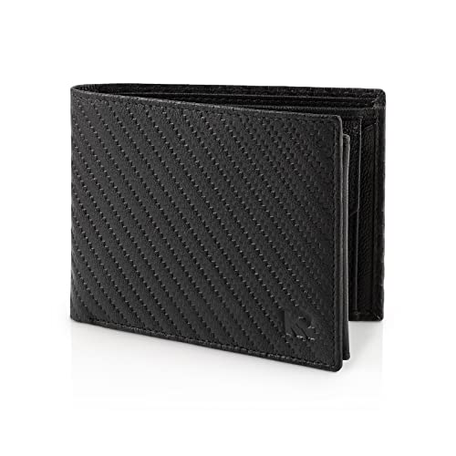 Men's Leather Wallet | RFID Blocking | Bifold Trifold Wallet | Landscape Format | Coin Pocket | 13 Card Slots | Reinforced Seam | Gift Box | Carbon