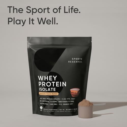 Image of Sports Research 100% Whey Protein Isolate Chocolate Peanut Butter - U.S. Sourced Protein Powder w /BCAAs -No Artificial Flavors or Gums- Informed Sport Tested . Gluten Free- 2lb Bulk Bag, 25 Servings