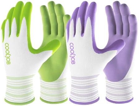 COOLJOB Gardening Gloves for Women and Ladies, 6 Pairs Breathable Rubber Coated Yard Garden Gloves, Outdoor Protective Work Gloves with Grip, Medium Size Fits Most, Lavender Purple & Apple Green