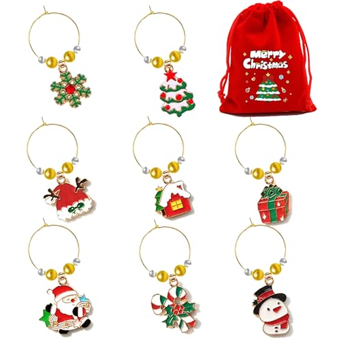 Nuburbur Christmas Wine Glass Charms 8 PCS Metal Wine Charms for Stem Glasses Wine Glass Identifiers Tags Markers Charm Rings Wine Tasting Party Glass Markers(Christmas)