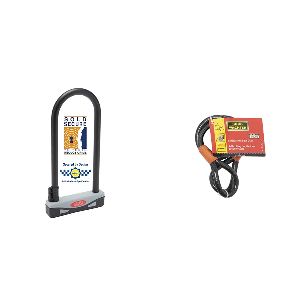 Burg Wachter 273S Sold Secure Gold Approved D Lock, Grey/Black, Large & 101782 12MMX1.2M Braid Steel Cable 121C, Black, 12mm x 1.2M