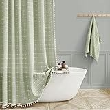 BTTN Boho Farmhouse Shower Curtain, Linen Rustic Heavy Duty Fabric Shower Curtain Set with Tassel, Water Repellent, Bohemian Vintage Country Thick Cloth Shower Curtains for Bathroom, Sage Green, 72x72
