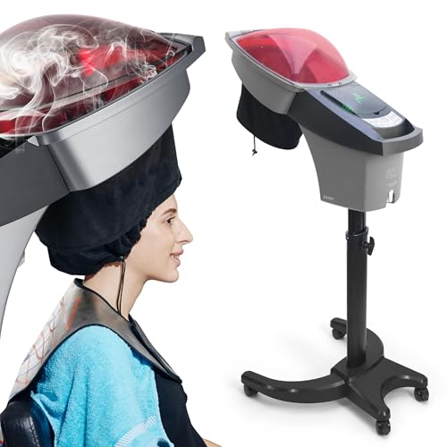 Hair Steamer Salon Micro Mist Hair Scalp Treatment Dye Perm Hair Professional O3 Ozone Hooded SPA Barber Shop Red Blue Light For Black Hair Natural Standing Elitzia ET1408B