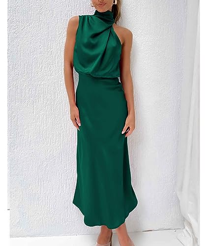 Image of Sexyshine Women's Elegant Halter Tie Neck Sleeveless Satin Long Dress Backless Split Cocktail Party Formal Wedding Maxi Dress