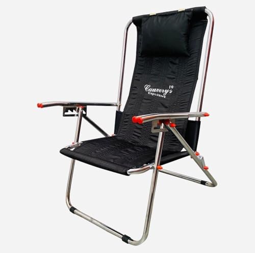 Image of Adjustable Folding Relax Chair with Armrest & Headrest | Multi-Position Recliner Chair for Home, Balcony & Outdoor Use | Portable Metal Easy Chair (Black)