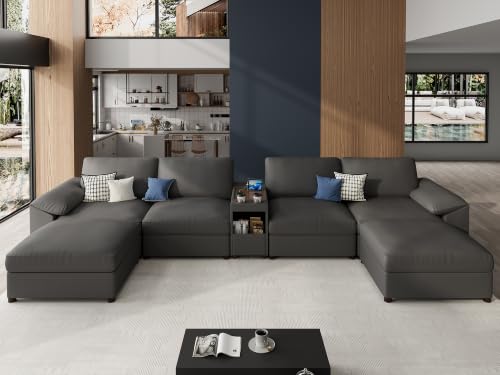Image of EASE MOOSE Leather Sectional Couch, Oversized Modular Sectional Sofas, Wide Deep Seat Modular Couch, Scratch Resistant Faux Leather Material, U Shaped Sofa for Big Spaces,Grey