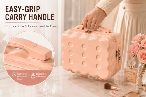 Image of BLUE BEADS Travel Makeup Case with Lock & Luggage Strap, ABS Hard Shell Cosmetic Vanity Case, Portable Makeup Organizer for Women, Beauty Storage Box for Makeup & Toiletries (Blush Peach, Model 2)
