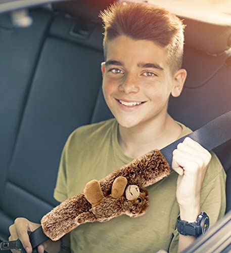 DolliBu Brown Monkey Plush Car Seatbelt Cover - Soft Fluffy Cushion Support for Safety Seat Belt Strap Cover, Decorative Wild Life Stuffed Animal Padded Toy Cute Vehicle Accessory for Kids & Adults