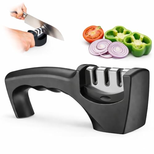 Afilador de cuchillos profesional 3 etapas – afila rápido y sin esfuerzo cuchillos de cocina | manual, seguro, ergonómico y con base estable | ALFAHOME & GARDEN