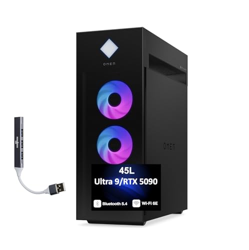Image of HP OMEN 45L AI Gaming Desktop PC (Intel Ultra 9-285K, GeForce RTX 5090 32GB GDDR7, 128GB DDR5, 2TB PCIe SSD, RGB Fans, 360mm AIO, 1200W PSU, WiFi 6E, Win 11 Home) w /DKZ USB Port Expander