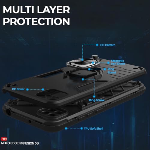 Image of AESTMO Moto Edge 50 Fusion Back Case Cover | Tough Armor Bumper | Ring Holder & Kickstand in-Built | 360 Degree Protection Cover for Moto Edge 50 Fusion (Black)