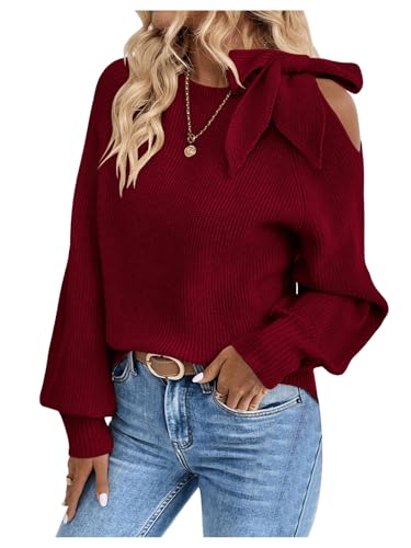 Image of GORGLITTER Women's Bow Sweater Long Sleeve Cut Out Tie Shoulder Vintage Chunky Cozy Knit Pullover Tops Fall Trendy 2025