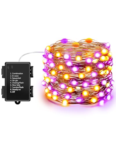 Christmas Decorations Lights, 33ft 100 LED Fairy String Lights with 8 Modes Twinkle Lights, Battery Operated Waterproof for Indoor Outdoor (Purple & Orange 1 Pack)