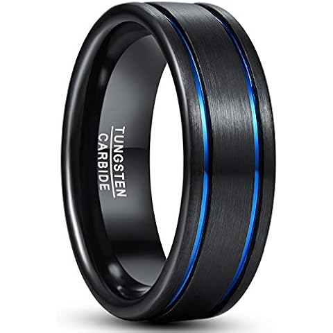 TUNGSTORY 8mm Mens Wedding Ring Black Tungsten Ring with Double Blue Grooves Brushed Finish Flat Edges Size S Cover