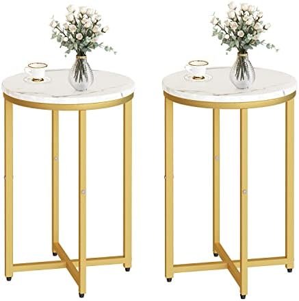 DKLGG Modern Gold Side Table Set of 2, Small Coffee Table Round End Table with Gold Frame, Marble Side Table Bedside Table for Living Room, Bedroom, Small Space, 16" D*24" H