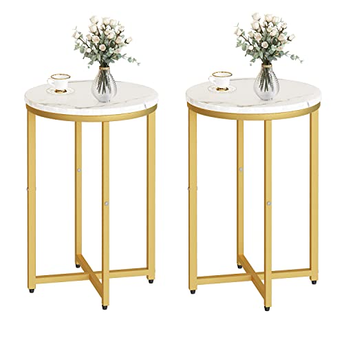 Dklgg Modern Gold Side Table Set Of 2, Small Coffee Table Round End Table With Gold Frame, Marble Side Table Bedside Table For Living Room, Bedroom, Small Space, 16" D*24" H #TOP9