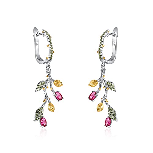 Tree Drop Earrings Genuine 925 Sterling Silver Latch Back Earrings Natural Rhodolite Garnet Original Handmade Gorgeous Silver Dangle Earrings for Women Girl Birthstone Dangling Earrings Hypoallergenic