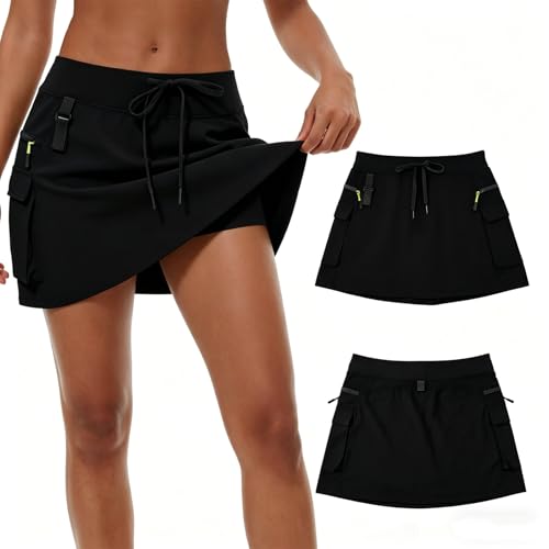Image of RJVZVEJH Skorts for Women UK, High Waist Cargo Skirts Built in Shorts, 4 Pockets Tennis Golf Hiking Sports Dress Casual Wear Black