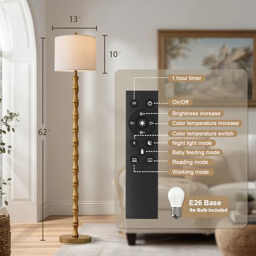 Image of BOBOMOMO 62 inch Rustic Farmhouse Floor Lamp Antique Gold with Remote & Dimmable 9W Bulb, 3 Color Temperatures Resin Standing Lamp, Retro Tall Lamp for Living Room, Bedroom, Nursery, Office, Reading Nook