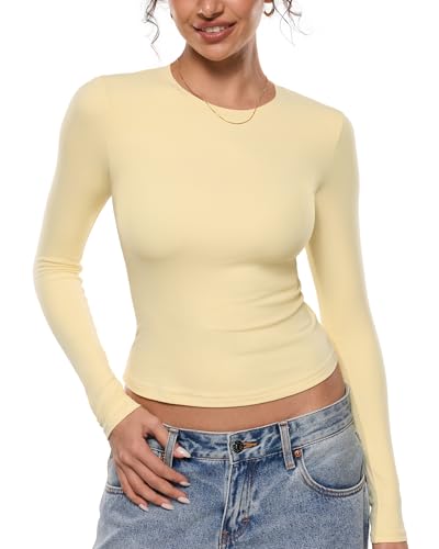 INLYRIC Women's Airsoft Long Sleeve T-Shirts Single Layer Crew Neck Basic Tees Slim Fitted Going Out Tops Trendy Pale Yellow Small