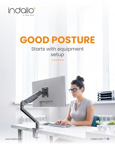 Image of Gas Spring Single Monitor Arm Desk Mount for 13-32 Inch LED /LCD Screens, Fully Adjustable Heavy Duty Monitor Stand, VESA 75x75 100x100, C-Clamp and Grommet Base, Made in India, 2-Year Warranty