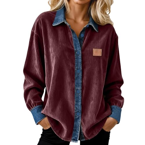 Camisa de pana de manga larga para mujer, chaqueta de leñador, blusa holgada, camisa de ocio, botones, retro, patchwork, boyfriend, chaqueta de cuello vuelto, aspecto desgastado, abrigo vaquero