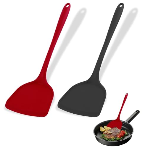 2 Pezzi Spatola Silicone Cucina, Senza BPA Spatola per Cucinare, Set Pentole Antiaderente, Utensili Cucina Silicone per Cucinare, Cuocere, Girare （Nero/Rosso）