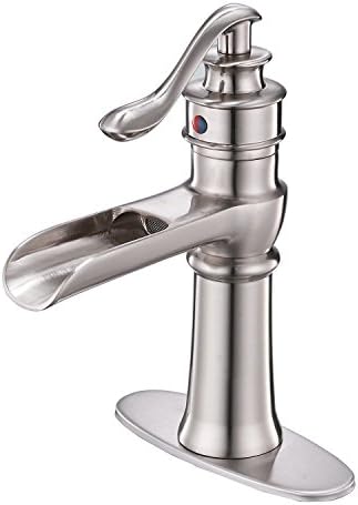 Bathroom Faucet Brushed Nickel Satin Waterfall Single Handle Sink Vanity Lavatory One Hole Lever Basin Mixer Tap Deck Mount Commercial by Bathlavish