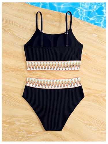 OYOANGLE Girl's 2 Piece Swimsuit Color Block Textured Scoop Neck Bikini Set High Waisted Bathing Suits2