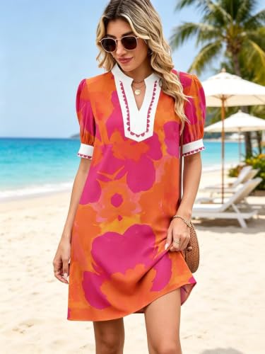 Image of Wkior Women's Summer Trim V Neck Mini Dresses with Pockets (S-XL)