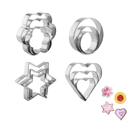 Shirene Lot de 12 emporte-pièces en acier inoxydable en forme de cœur, cercle, fleur, étoile pour pâtisserie, formes variées pour la pâtisserie créative