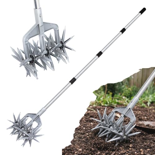 KLDOLLAR Rotary Cultivator, Adjustable Hand Tiller Garden Tool with Detachable Solid Metal Tines for Loosing and Mixing Soil,2-in-1 Manual Tiller Garden Cultivator for Reseeding Grass 58 Inch