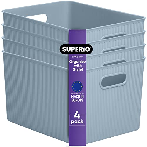 Image of Superio Ribbed Collection - Decorative Plastic Basket Open Home Storage Bins Organizer, X-Large Blue (4 Pack) Container Boxes for Organizing Closet Storage Bins for Shelves 22 Liter /23 Quart